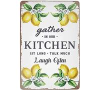Aperiy Plaque vintage en métal avec inscription « Gather in Our Kitchen Sit Long Talk Much Laugh Often » pour décoration murale - 20,3 x 30,5 cm