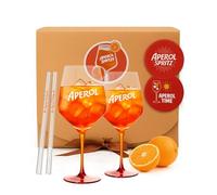 Aperol Lot de 2 verres avec pied orange, 2 pailles en verre It's Aperol O'Clock et 2 dessous de verre décoratifs, coffret cadeau, accessoires de cocktail, prêts à offrir