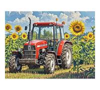 Aphila Kit de peinture diamant 5D en forme de tracteur rouge et tournesols - Kit de broderie diamant 5D - Perles rondes - Avec strass - Broderie au point - Pour salon, chambre à coucher, décoration