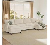 APICIZON Canapé de salon 4 places en forme de U avec housse en velours côtelé de 363 cm de long avec 4 dossiers, 2 coussins et 2 ottomans, poche de rangement latérale pour magazines - Beige