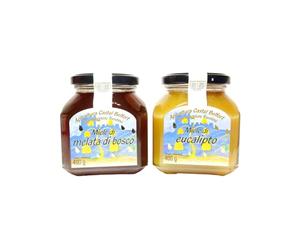 Apicoltura Castel Belfort - Lot de 2x400 g Miel de miellat de forêt et Miel d’eucalyptus 100% italien, travaillé à froid, artisanal, idéal pour les goûters, les fromages et les desserts, 400 g