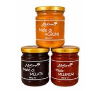 Apicoltura Melissa - Coffret de miels artisanaux italiens 3 x 250 g - Dégustation de miel d’agrumes, de miellat et de millefleurs, miel naturel 100% italien, coffret cadeau gourmet