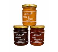 Apicoltura Melissa - Coffret de miels artisanaux italiens 3 x 250 g - Dégustation de miel de tilleul, miellat et mille-fleurs, miel naturel 100% italien, coffret cadeau gourmet