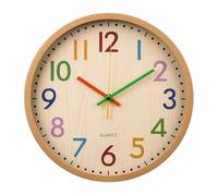 APIELE 30,5 cm Silent Lettres Colorées Enfants Horloge Murale Moderne Grain de Bois Quartz Pas de Temps Voyage Pas de Tic-tac Horloge Murale Enfants Chambre Cuisine Salon École