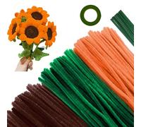 APKOL 300pcs Tiges de Fils Chenille Coloré Cure Pipes Jaune d'or + brun + vert avec Fil de Fleurs en Ruban Floral Chenille Stems Pipecleaners pour Bouquets de tournesol Projets D'artisanat