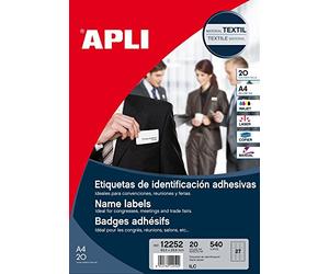 Apli 012252 20 Badge Textile Adhésif, 63,5 x 29,6mm, Blanc