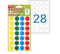 APLI Pastilles de couleur 100% recyclées – 140 pastilles assorties 15 mm (vert, bleu, rouge, jaune)