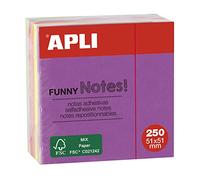 Apli 11596 - Notes adhésives Funny 51 x 51 mm - mini-bloc de 250 feuilles - 5 couleurs assorties fluorescentes
