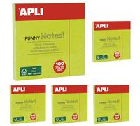 Apli 11899 - Notes adhésives "Funny notes" 75 x 75 mm - Bloc de 100 feuilles - Couleur vert fluo (Lot de 5)