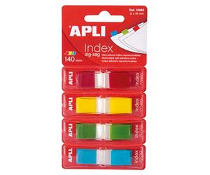 APLI 12483 - Index adhésifs film Zigzag 45 x 12 mm 4 distributeurs de 35 index de 4 couleurs