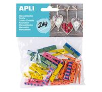 APLI 13480 - Sachet de 20 mini pinces en bois colorées avec différents motifs - 35 x 7 mm