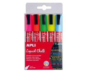 Apli 13959-5 Marqueurs Liquide - Craies Liquide - Utilisables Sur Tableau Vert, Fenêtre, Ardoise - effaçable avec un Chiffon Humide - Pointe Ronde 5, mm - Couleurs Assorties