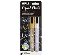 Apli 14847 - Pochette De 2 Marqueurs Craie Liquide Effaçable Pointe Ronde Écriture Or/Argent Diàmètre 5.5mm