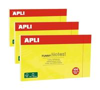 APLI 15002 - Notes Adhésives Funny - Grand Format - 125 x 75 mm - Bloc de 100 Feuilles - Jaune Fluo - Parfaites pour les Listes de Tâches. (Lot de 3)