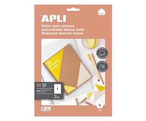 APLI 18110 - Pochette de 10 feuilles d' étiquettes Ink Jet blanches finition Mat - Coins Droit - Impression photo