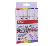 Apli 18431 - Lot de 6 feutres"Street Marker" à double pointe (ronde de 1 mm et biseauté de 6 mm) - couleurs assorties. Rouge/Orange/Jaune/Vert Clair/Bleu/Violet