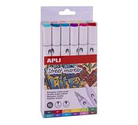 Apli 18432 - Lot de 12 Feutres"Street Marker" à double pointe (1 pointe ronde de 1 mm et 1 pointe biseautée de 6 mm) - Couleurs assorties