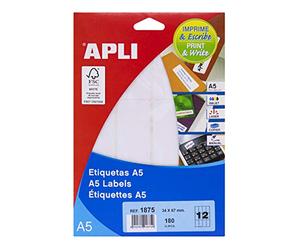 APLI 1875 Étiquettes A5 blanches 34,0 x 67,0 mm 15 feuilles
