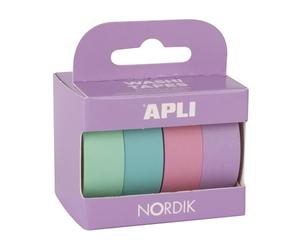 Apli 18816 - Pack de rubans adhésifs décoratifs - Rouleaux de papier adhésif japonais type Washi Tape - Couleurs pastel - 4 rouleaux - Rubans de 15 mm x 15 m - Artisanat/Scrapbooking