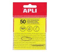 APLI 19569 - Notes adhésives transparentes - 75 x 75 mm - Couleur: jaunes - 50 feuilles translucides résistantes à l'eau - Idéal pour les étudiants et les enseignants.