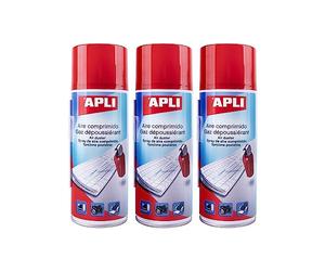 APLI 19657 - Pack de 3 Gaz Dépoussiérants Air Comprimé 400 ml, Spray Nettoyant pour PC, Clavier, Ordinateur, Imprimante et Équipements Électroniques, avec Canule de Précision
