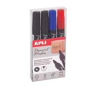 Apli 19685-4 marqueurs permanents à pointe ronde de 3 mm, 2 noirs, 1 bleu, 1 rouge - Multi-surfaces.