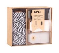 APLI 19844 - Kit Emballage Cadeau : bobine de ficelle en coton noire et blanche avec 30 étiquettes cadeaux de 3 couleurs assorties - Etiquettes avec corde à suspendre pour emballage cadeaux.