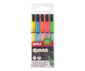 Apli 20103 - Marqueurs craie liquide couleurs fluo - Pack de 5 - Pointe ronde 3 mm - Effaçables - Pour tableau noir, verre et vitrines