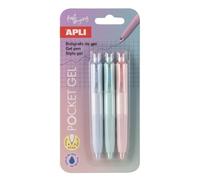 Apli 20499 - Blister 3 Mini Stylos Gel - Couleurs pastel, encre bleue 0,5 mm à séchage rapide, format poche parfait pour bureaux, scolaires, familles et déplacements