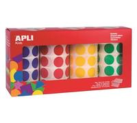 APLI Kids 13793 - Rouleaux de gommettes colorées (jaune, bleu, rouge, vert) 20 mm pour motricité fine, apprentissage enfant et loisirs créatifs.