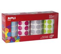 APLI Kids 17685 - Boîte de 7 080 gommettes rondes Ø 20 mm, 4 couleurs (bleu clair, fuchsia, gris, vert clair) pour activités éducatives et créatives enfants.