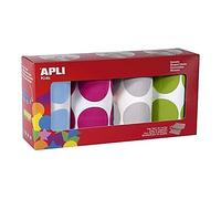APLI Kids 18301 - Pack de 4 rouleaux de gommettes rondes XXL rondes diamètre 45 mm, fuchsia/bleu/gris/vert