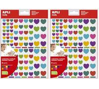 APLI Kids 18767 - Pochette de 624 stickers coeurs, 6 feuilles de gommettes, 3 tailles différentes, coeurs multicolores, adhésif repositionnable, couleurs PEPS. (Lot de 2)