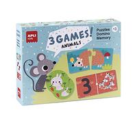 Apli kids 18798 - Ensemble de 3 Jeux pour Enfants sur Le thème des Animaux : Puzzle, Jeu de mémoire et Dominos.