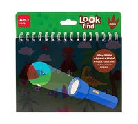 APLI Kids 19204 - Bloc de Jeu Cherche et Trouve Dinosaures. Un Jeu d'observation sur Le thème des Dinosaures. Bloc à Spirale accompagné d'une Lampe Magique en Papier. Jeu de Voyage.