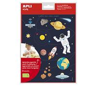 APLI Kids 19225 - Sachet de gommettes sur le thème de l'espace avec adhésif amovible - 3 feuilles d'autocollants éducatifs Espace
