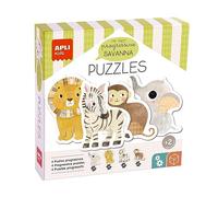 APLI Kids 19440-4 Puzzles progressifs sur Le thème de la Savane, avec des pièces Larges, adaptés aux Enfants âgés de 2 Ans et Plus. (élephant, Lion, zèbre et Singe).