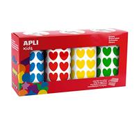 APLI Kids 19502 - Pack de 4 rouleaux de gommettes en forme de cœur - Couleurs: bleu, vert, jaune, rouge - Adhésif permanent - Format idéal pour les activités manuelles en groupe.