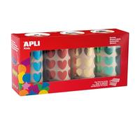 APLI Kids 19718-4 rouleaux de gommettes en forme de cœurs métallisés : bleu, rouge, jaune et vert - Parfait pour les écoles et les ateliers avec des enfants.
