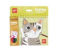 APLI Kids 20576 - Bloc de coloriage Funny Animals - 20 feuilles avec yeux mobiles, 5 crayons de couleur, bloc spiralé, activité créative voyage dès 3 ans