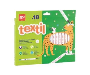 APLI Kids 20628 - Feutres Textiles Double Pointe 18 Couleurs - Résistent Au Lavage - Idéal T-Shirts, Sacs, Loisirs Créatifs | Avec pointe fine et pointe épaisse pour décorer tout type de tissus, couleurs durables, non toxiques ni allergènes