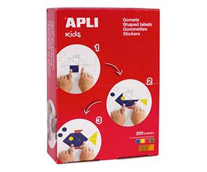 APLI Kids 702 - Boîte de 14000 gommettes triangulaires dimensions et couleurs assorties, 200 feuilles, dimensions 10 x 8 x 8 mm, 23 x 17 x 17 mm et 33 x 23 x 23 mm. Couleurs : jaune, bleu, rouge et