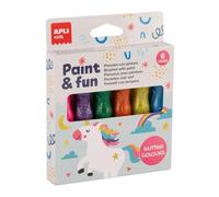 APLI Kids - Gouaches en tube avec pinceau, 19912, peinture pour enfants avec paillettes, 6 tubes de gouache de 13 ml avec pinceau intégré, jeu de peinture lavable pour enfants.