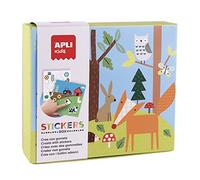 APLI Kids- Jeu de gommettes 18819-Jeu différentes Formes géométriques dans Une boîte en Carton-Modèle Forêt-8 Illustrations à compléter-8 Feuilles 1 livret d'exemples en Couleur Inclus, 18819