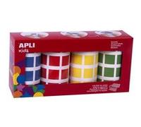 APLI Pack 4 rouleaux de gommettes carrées 20 mm – couleurs assorties bleu, rouge, vert, jaune