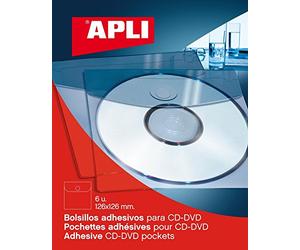 APLI Sachet de 6 pochettes adhésives cd/dvd 126 x 126 mm