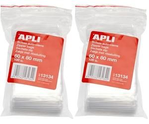 Apli - Sachets plastique refermables 60 x 80 mm - 100 unités (Lot de 2) - Réutilisables - Transparent - Fermeture zip - Hermétique