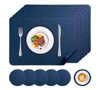 APLKER Lot de 12 Sets de Table Lavable, 6 Pièces Sets de Tables et 6 Pièces Dessous de Verres PVC Set de Table, Antidérapant Imperméables Résistant à la Chaleur, 16" x 12", Bleu foncé