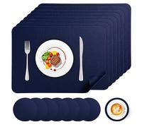 APLKER Lot de 16 Sets de Table Lavable, 8 Pièces Sets de Tables et 8 Pièces Dessous de Verres PVC Set de Table, Antidérapant Imperméables Résistant à la Chaleur, 16" x 12" (Bleu foncé Lot de 8)