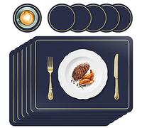 APLKER Lot de 6 Sets de Table et Dessous en PU Cuir, Lavables Antidérapant Impermeable Résistant à l'usure à la Chaleur, Facile à Nettoyer et Stocker, 42 x 30 cm (Bleu Foncé)
